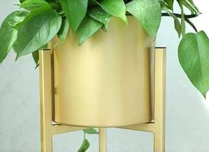 Pot de fleurs d'intérieur/extérieur de grande taille en forme de dôme couleur or, ensemble de support amovible, personnalisable, 3 pots, métal, céramique, imitation antique - Product Image 3