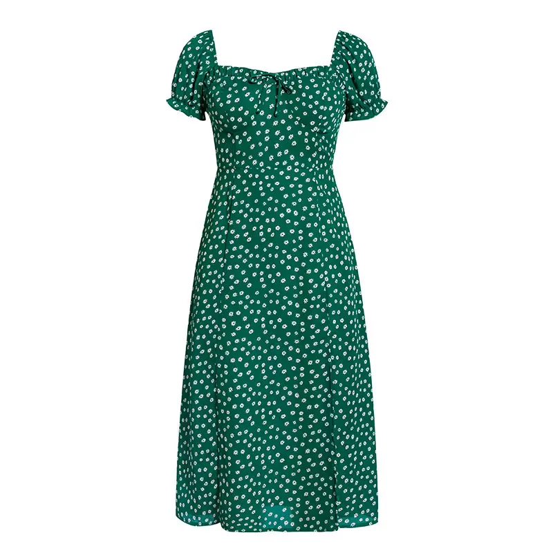 Green Ruched Retro Short Sleeve Floral Casual Chiffon Dot Printed Split Women Dresses