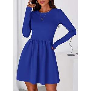 Robe courte de cocktail décontractée à manches longues pour femme, col rond, plissée, avec poche, pour l'automne, fête, modèle personnalisé 2025 - Product Image 1