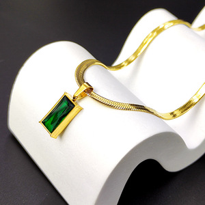 Simple titanio acero cuadrado Esmeralda colgante collar pendiente moda plana serpiente cadena collares conjunto de joyería - Product Image 4