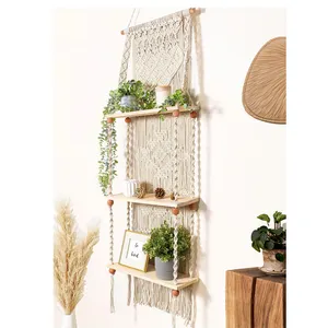 Plant Hanger Wall Hanging Macrame Home Decor Tiered Wall Shelf with Shelves Bohemian Style Floating Wooden Customized Logo