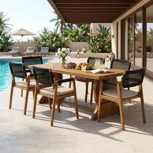 Juego de Mesa de Comedor de Teca Sólida para Exteriores con 6 Sillas con Brazos Tejidos, Muebles de Patio Grandes para Villa, Resort, Hotel - Product Image 1