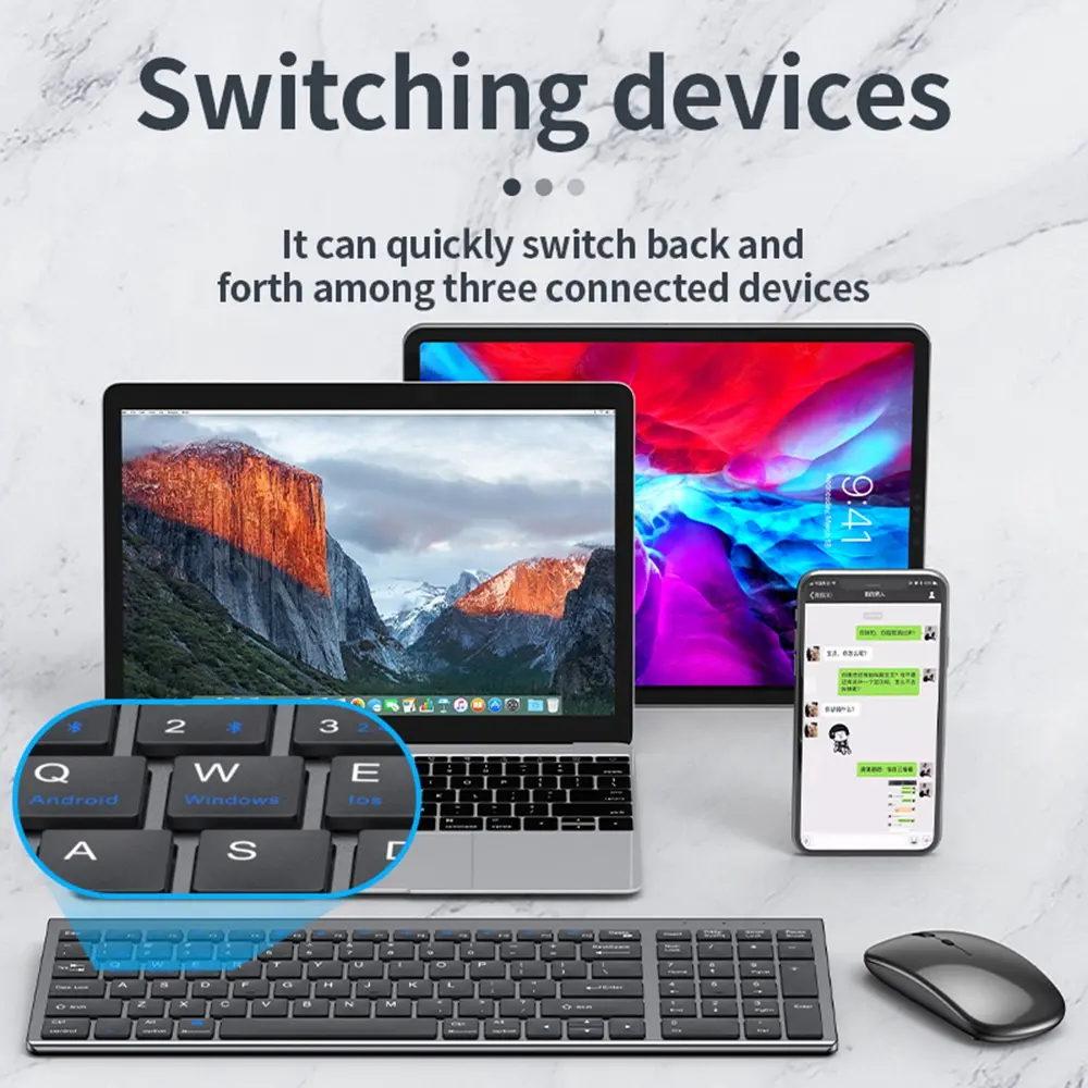 Penjualan Langsung dari Pabrik Set Kombo Mouse dan Keyboard Nirkabel Mode Ganda 2.4Ghz Ergonomis Isi Ulang Ultra-tipis untuk Kantor