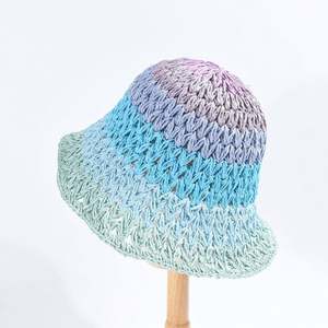 Nouveau Chapeau Bob en Paille Crocheté à la Main pour Femme, Couleurs Dégradées Arc-en-ciel, Collection Été 2025 - Product Image 1