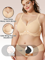 LYNMISS Soutien-gorge push-up sans armatures en jacquard tricoté, col en V festonné, ourlet ondulé, dos croisé réglable, dos lisse