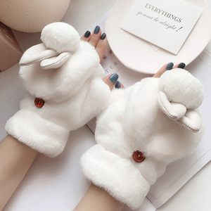 Mignons gants convertibles en fausse fourrure avec oreilles de lapin, mitaines chaudes en peluche à demi-doigts avec pompon pour filles et femmes, cadeau idéal pour le quotidien - Product Image 2