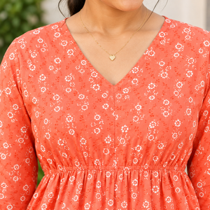 Women <b>Coral</b> Square Collar Long Sleeve Natural Waist A-Line Woven Midi Casual Ethnic Printed Cotton Kurti Tunic <b>Top</b> - Product Image 4