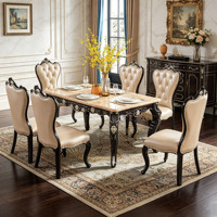 Ensemble de table à manger en bois massif de luxe de style européen, table à manger avec plateau en marbre et chaises en cuir PU pour la maison, la villa, l'hôtel, vente en gros