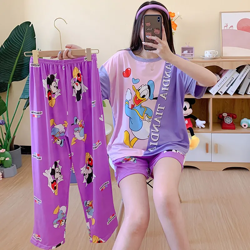 Spring and Summer Short-Sleeved Trousers 3Pcs Set Homewear Cartoon Casual Korean Pajamas Suit Cool Soft Milk Silk Sleepwear