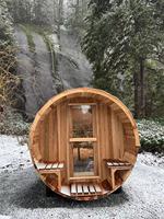 Ruang Sauna Kayu Cedar Merah Kanada Tradisional untuk Luar Ruangan, Kayu Cedar Merah Solid, Sauna Tong Uap Basah 6KW, Jendela Kaca Panoramik