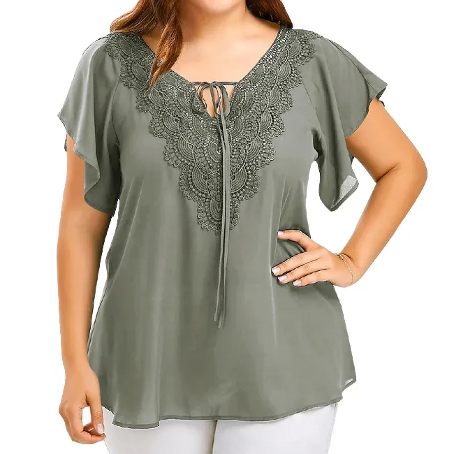 Customized women's shirt summer plus size women's casual lace up V-neck ruffled edge short sleeved chiffon top