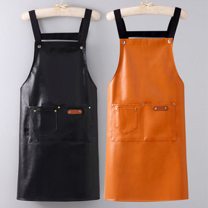 Leather <b>Apron</b> Waterproof Oil Proof For <b>Kitchen</b> Cooking Solid Color With Pockets - Product Image 2