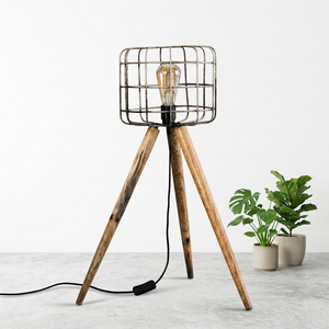 Industrial Modern Tripod Floor Lamp <b>LED</b> E27 White <b>Wire</b> Cage Shade Wood Leg Bedside Reading <b>Light</b> for Living Room Bedroom - Product Image 2