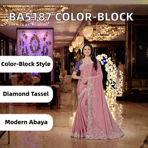 Hafizah BA5187 Robe élégante en soie à blocs de couleur asymétriques, à séchage rapide, avec pompons en strass, ABAYA pour l'Inde et le Pakistan - Product Image 2