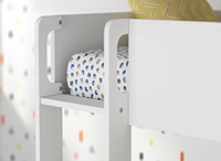 Lit superposé moderne en bois bicolore pour enfants avec échelle, tiroirs sous le lit, mini-armoire, rangement gain de place et design écologique