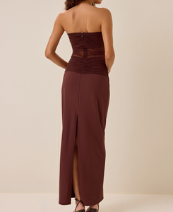 Abito lungo <span class=keywords><strong>da</strong></span> <span class=keywords><strong>sera</strong></span> <span class=keywords><strong>da</strong></span> donna elegante e sensuale, marrone scuro, in rete, con drappeggio, senza spalline, a tubino, con spacco posteriore e vita trasparente, aderente - Product Image 2