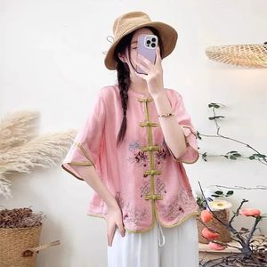 Women's Cotton Linen Shirt Rose Pink Chinese Embroidery Folded Buttons Loose Fit Breathable Everyday Wear - Product Image 1