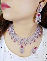 Parure de bijoux de mariée tendance pour femme en laiton plaqué argent, collier, boucles d'oreilles, mang tikka, pour fiançailles, mariage, fête, faite à la main, en gros