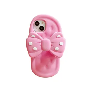 Jepang lucu 3D merah muda busur sandal pemegang silikon casing ponsel untuk iPhone 11 12 13 14 Pro Max lucu kartun kreatif penutup tahan guncangan