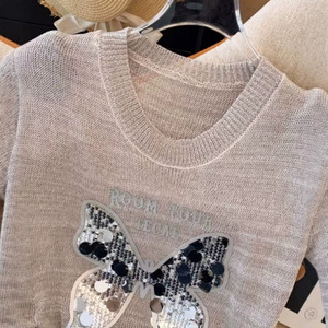 Women Knitted Vest Butterfly <b>Sequin</b> Drawstring Summer <b>Top</b> Khaki White <b>Black</b> Polyester Sweater - Product Image 4