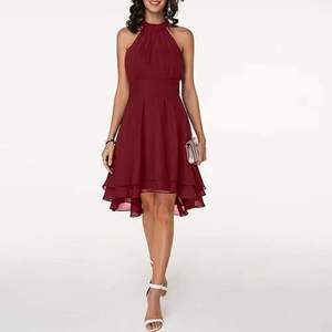 Abito Elegante Vintage Primaverile da Donna, Monocolore, Sexy, Senza Spalline, Girocollo, con <span class=keywords><strong>Micro</strong></span> Pieghe in Vita e Gonna in Chiffon - Product Image 3