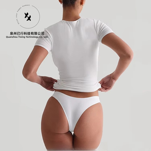 T-shirt personnalisé par le fabricant, 95% coton, 5% élasthanne, t-shirt pour femme, crop top, manches courtes, ajusté, compression, sport, gym - Product Image 2