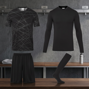 Kit de football noir pour hommes avec imprimé géométrique, maillot à manches courtes, chemise à manches longues, short et chaussettes, polyester anti-humidité - Product Image 3