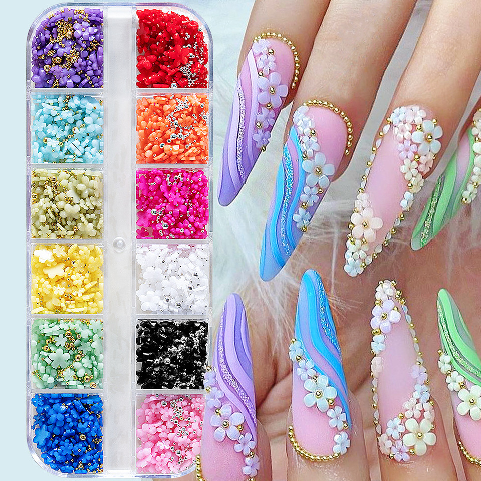 12colors 12grids Resin Flower Nail Charms Mixed Steel Beads Gem Charms Kawaii Diy Manicure Nail Supplies