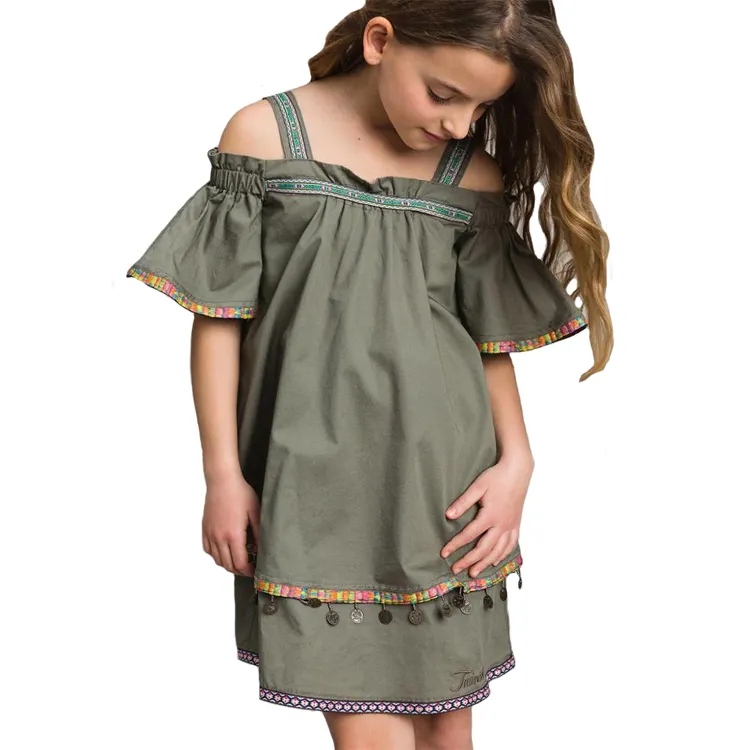 육군 녹색 아기 소녀 여름 드레스 민족 tassels 어린이 옷 소녀 드레스
