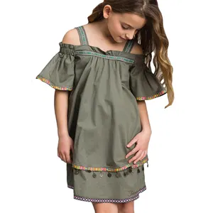 Army green baby girls summer dress ethnic tassels children clothes girl dresses