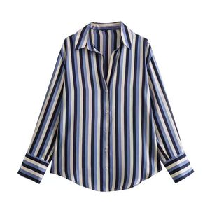 Chemisiers à manches longues en satin rayé imprimé vintage pour femmes, nouvelle mode automne, tops chics - Product Image 5