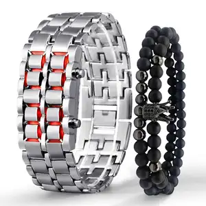 3 pezzi di moda orologi in ferro a LED bracciale da donna amanti del nuovo stile in ferro Samurai LED orologio in metallo Set all'ingrosso LW11