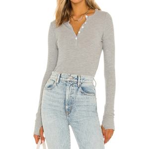 Soft <b>Thermal</b> Knit <b>Women</b> <b>Top</b> Long Sleeves Thumb Cut Outs Bodycon Grey Henley Tee - Product Image 1