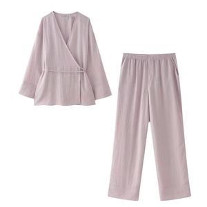 Ultima moda elegante Set di Kimono Premium <span class=keywords><strong>con</strong></span> <span class=keywords><strong>pantaloni</strong></span> da donna per la casa cravatta <span class=keywords><strong>con</strong></span> Top in tinta unita <span class=keywords><strong>pantaloni</strong></span> da donna S280 - Product Image 4