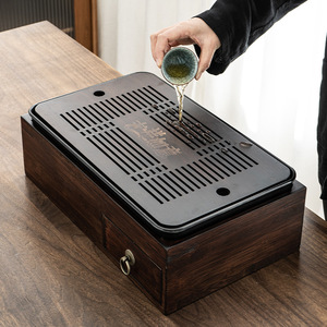 Rectangular Tea Tray <b>Storage</b> <b>Box</b> With <b>Drawer</b> Multi Compartment For Home Kung Fu Tea Set Organization - Product Image 2
