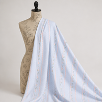 Tissu Popeline Tissé 100% Coton Biologique Léger et Confortable à Rayures Bleues et Motifs Floraux Roses, Idéal pour Robes et Chemises de Filles - Vente Chaude