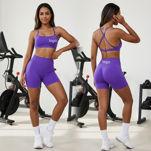 Wholesale Fitness Yoga Active Wear Sets <b>Women</b> Gym Cross Back Sports Bra <b>Shorts</b> Butt Lift Solid 2 Piece <b>Elastic</b> <b>Waist</b> - Product Image 1