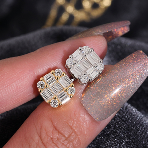 KARATS Baguette Cut Moissanite Flower Design Unisex Stud <b>Earrings</b> <b>Solid</b> 925 Sterling <b>Silver</b> Gold Plated Trendy Claw Setting - Product Image 3