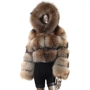 Kış kahverengi kapüşonlu kısa rakun kürk artı boyutu tarzı kırpma kürk palto gerçek tilki kürk ceketler kadın