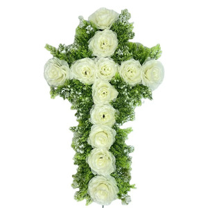 Coronas Decorativas Ecológicas Newgarden <span class=keywords><strong>de</strong></span> Fábrica, 50x30cm, Guirnaldas Blancas, Cruz Funeraria <span class=keywords><strong>de</strong></span> Seda, Flor Artificial para Cementerio - Product Image 1
