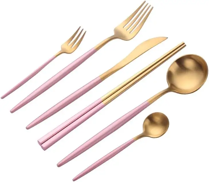 Ins Style Sustainable Portuguese Matte Gold Pink Dessert Set Includes Butter Knife Fork Chopsticks Stocked Juego De Cubiertos