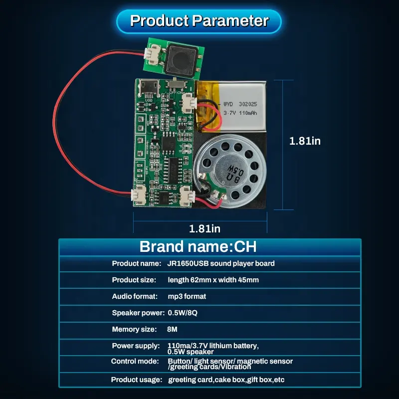 Modul Suara MP3 dapat diunduh USB pemasangan kustom langsung dari pabrik tombol tekan dapat direkam untuk kartu DIY JR1650