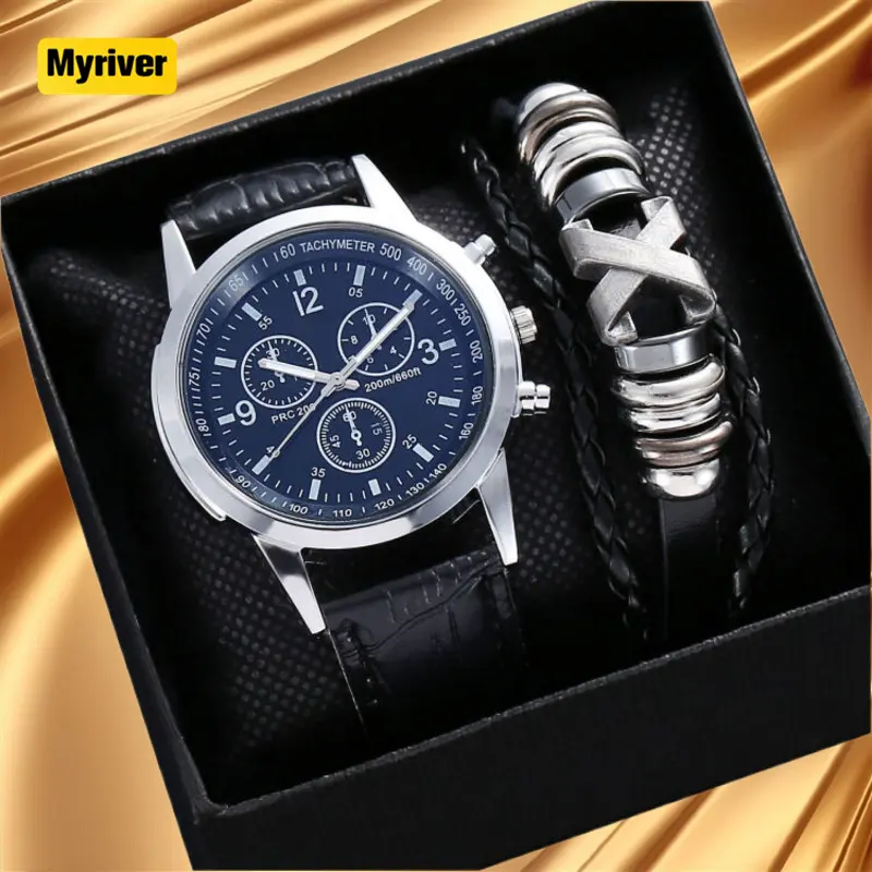 Myriver 기업 선물 세트 럭셔리 프로모션 남성 가죽 캐주얼 아날로그 쿼츠 손목 시계 클래식 남성 쿼츠 크로노그래프 시계