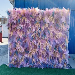 E- Wedding designer artificial flower wall design silk pink purple feather flower backdrop event decor