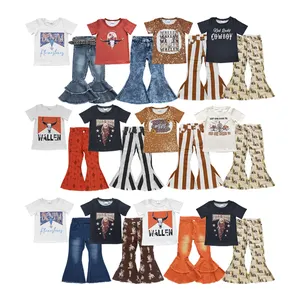 GSPO0738 ensembles de vêtements pour enfants filles AIN GOIN DOWN TLL THE SUN COMES UP beige manches courtes cactus cowboy imprimé cloche bas jeans