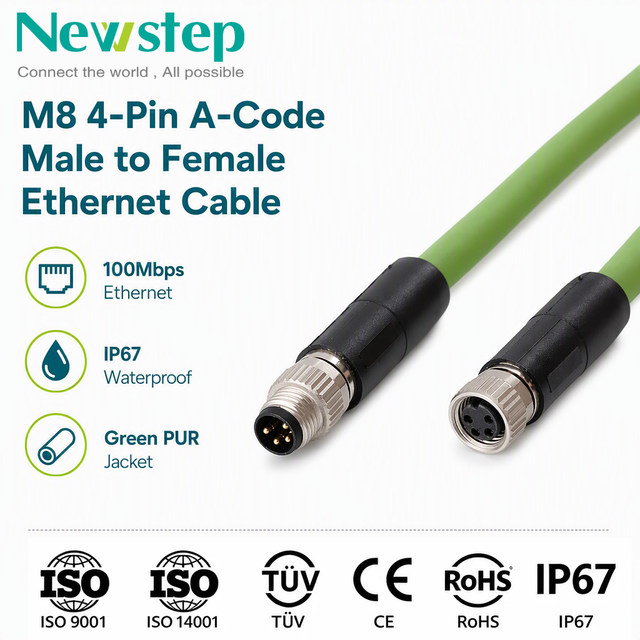Newstep M8 4Pin A-Code Ethernet Cable, 100% Tested Green PUR Shielded Cordset, CE Certified for Industrial Industry 4.0