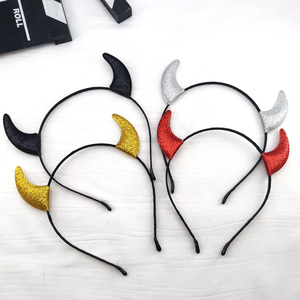Diadema de metal con cuernos de diablo de tela brillante para Halloween, aro para el pelo de cosplay, accesorio festivo para disfraz de fiesta. - Product Image 1