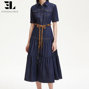 Vestido <span class=keywords><strong>de</strong></span> Mezclilla <span class=keywords><strong>de</strong></span> Lyocell Suave y Ecológico para Mujer, Estilo Informal, Lavado Desgastado, con Botones, Mangas Cortas, Vestido <span class=keywords><strong>de</strong></span> Mezclilla para Mujer, <span class=keywords><strong>de</strong></span> Fábrica Personalizada LARSUR - Product Image 5