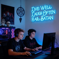 Neonawall Enseigne néon personnalisée OEM ODM Live Well Laugh Often Hail Satan, enseigne néon LED bleu glace pour Chambre, Bar, Salle de sport, Salle de jeux, Bureau