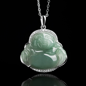 Pendentif Bouddha Gu Gong Maitreya en jade émeraude naturel, collier incrusté d'argent 925, pendentif en jade de qualité glace - Product Image 1